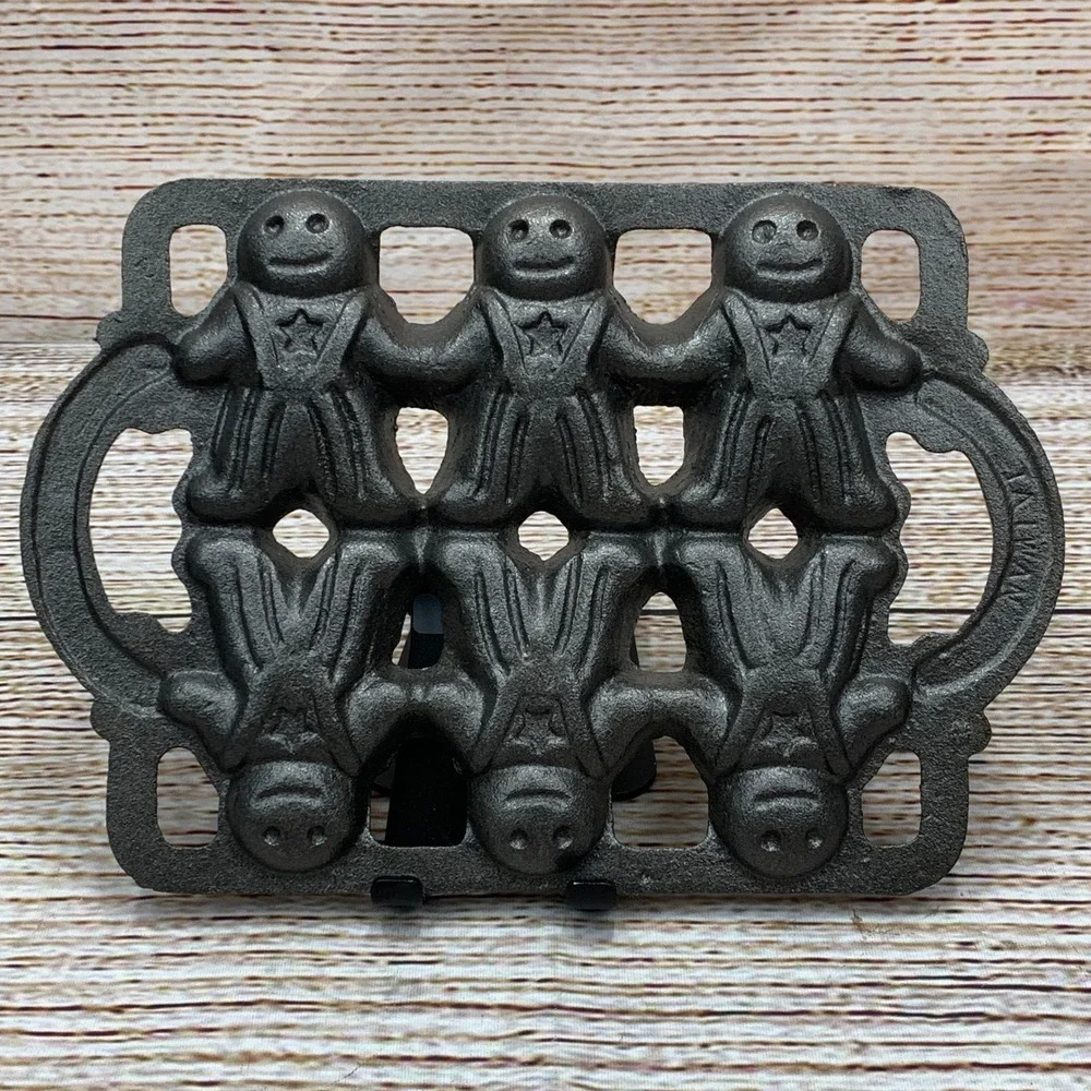 Vintage Cast Iron Gingerbread Man Mold Cake Pan 6‎ Figures Unused